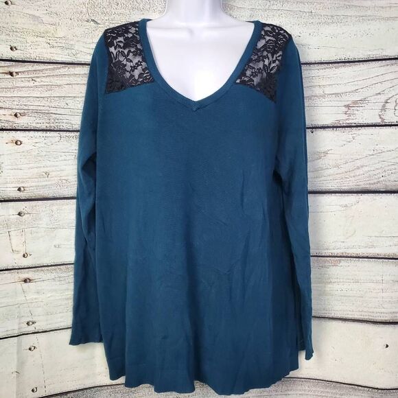 Torrid Size 2 Teal Blue V-Neck Pullover Sweater with Black Lace Shoulder Detail - Picture 1 of 6